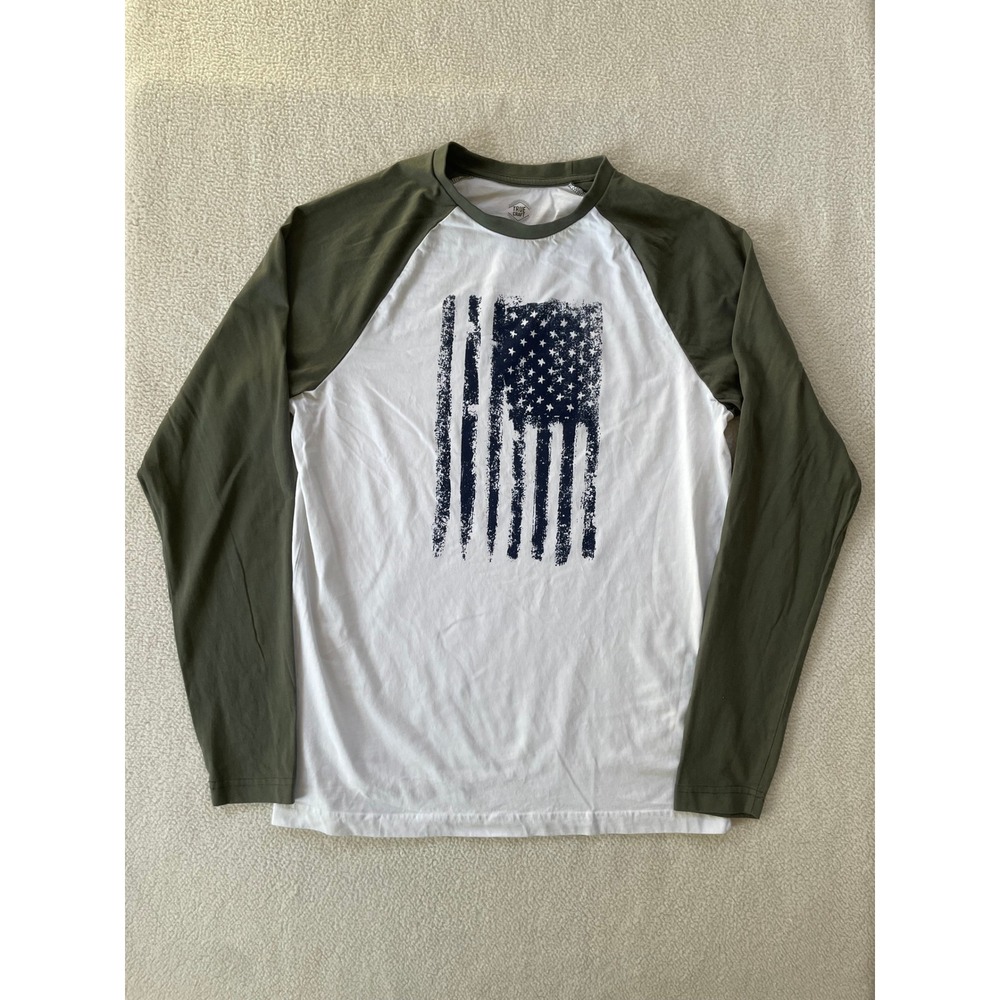 True Craft Mens Small Long Sleeve Shirt White Green Distressed American Flag Tee